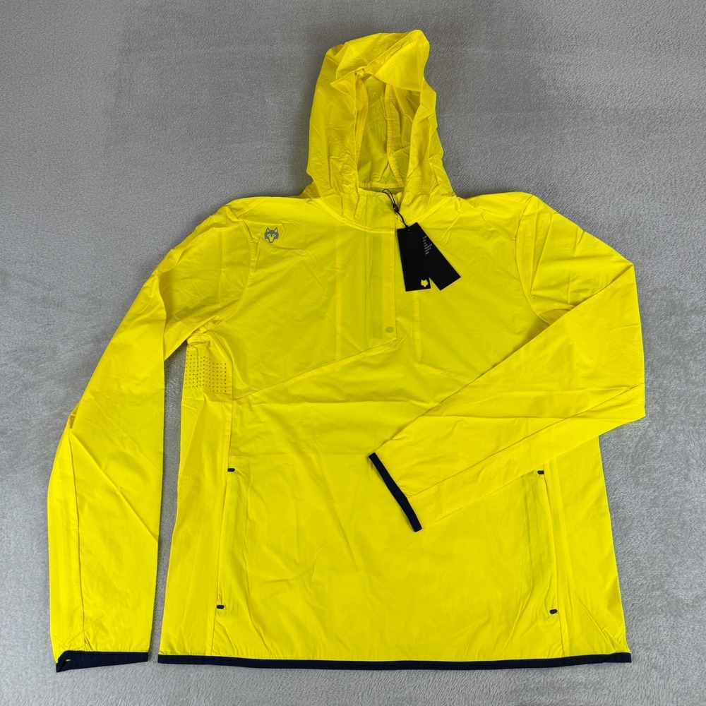 Greyson Newago Pac Lite Hooded Jacket Mens Medium Blaze Yellow 1/4 Zip Nylon NWT